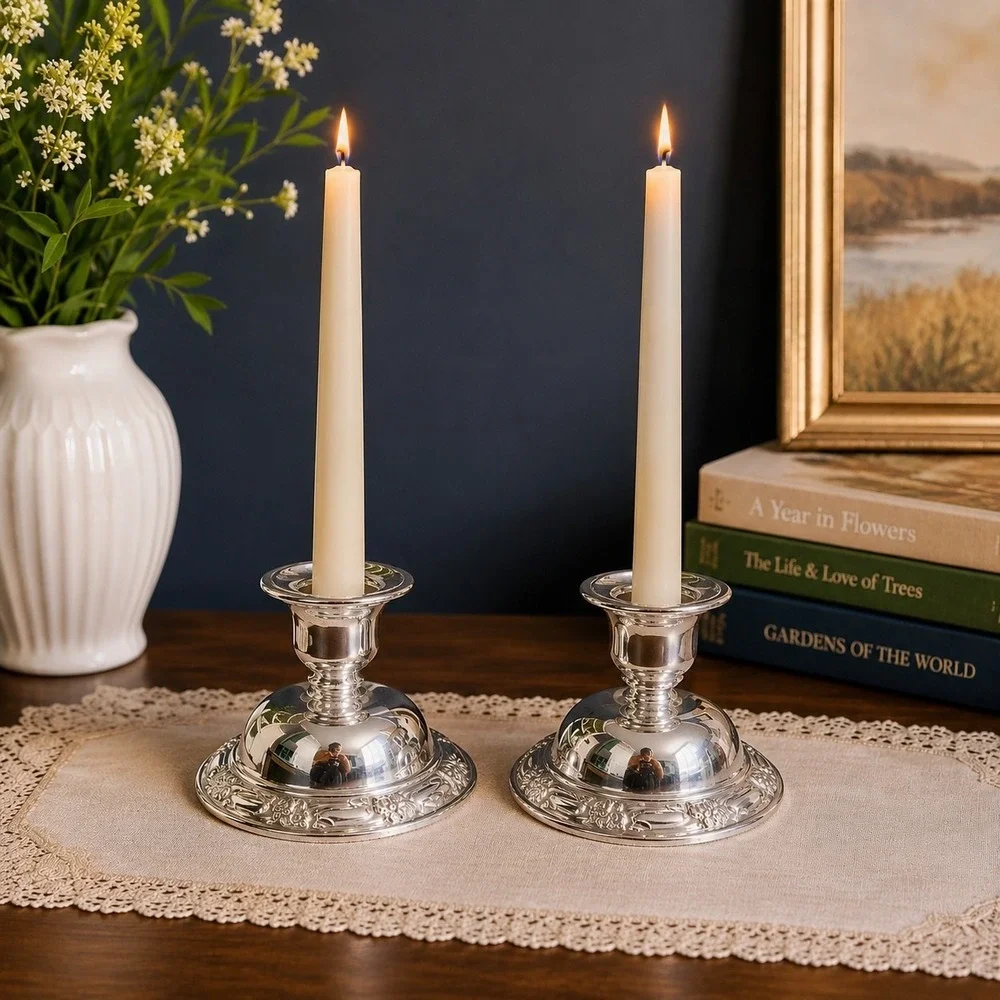Oneida Park Lane Silver-Plated Candlestick Holders Pair Floral Rose Taper MCM